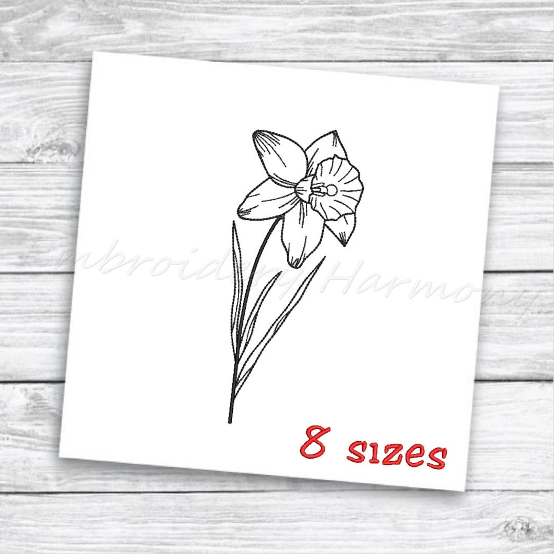 Daffodil Flower Embroidery Design, Hand Stitch Style Flower Machine Embroidery Design 8 Sizes