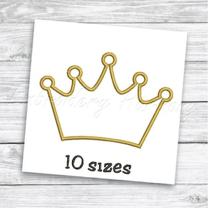 May include: A gold outline of a crown with 10 different sizes available. The crown is a simple design with five points.