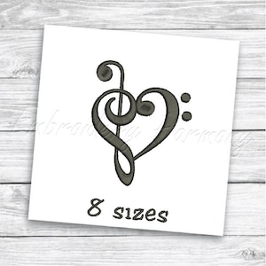 Treble Bass Clef heart embroidery design - 8 SIZES machine embroidery digital file - INSTANT Download