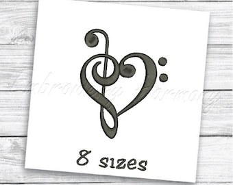 Treble Bass Clef heart embroidery design - 8 SIZES machine embroidery digital file - INSTANT Download