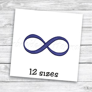 May include: A dark blue infinity symbol embroidery design. The design is on a white background and the text "12 sizes" is below the symbol.