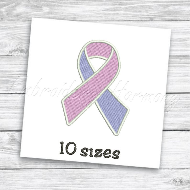 May include: Purple and light blue ribbon embroidery design. The design is available in 10 sizes.