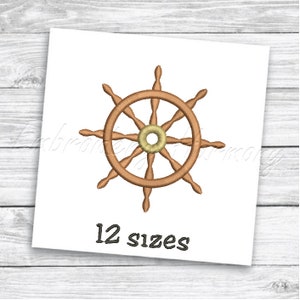 May include: A brown wooden ship's wheel with a gold center. The wheel has 12 spokes and is surrounded by a white background. The text "12 sizes" is written below the wheel.