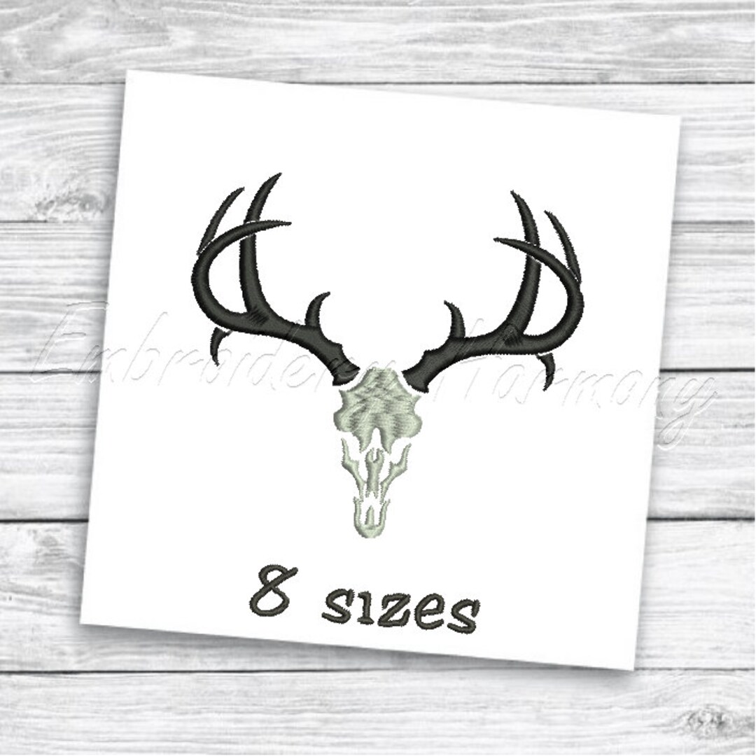 鹿の頭蓋骨と枝角の刺繍デザイン - 8 サイズの機械刺繍デジタル