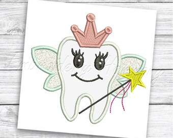 May include: A white tooth with a pink crown and wings, holding a wand with a yellow star. The tooth has a smiling face with eyelashes and black eyes.
