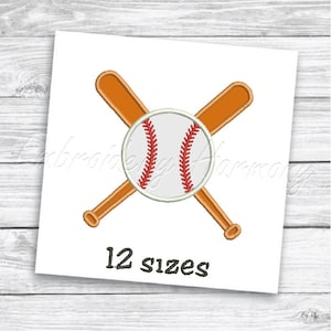 May include: A white baseball with red stitching and two crossed brown baseball bats. The text "12 sizes" is below the image.