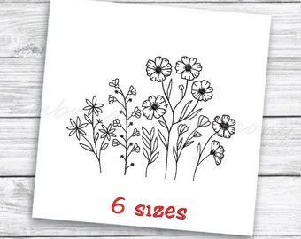 Weide bloemen Borduurontwerp, Hand Stitch Style wilde bloemen machine borduurwerk ontwerp - 6 maten LineArt bloemen voor borduurmachine
