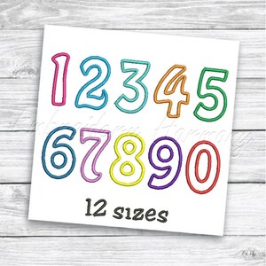 May include: Colorful outlined numbers 1 through 10 in different colors. The numbers are outlined in white. The text "12 sizes" is below the numbers.