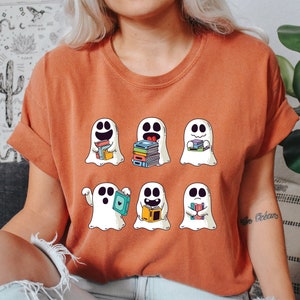 Comfort Colors® Halloween Retro Ghosts Shirt Reading Books, Teacher Librarian Halloween Gift, Spooky Season Trendy Shirt Gift Halloween