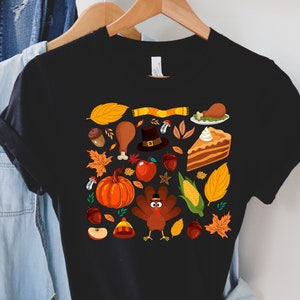 Camisa de Acción de Gracias, Garabatos de Acción de Gracias Hojas de Calabaza, Feliz Día del Pavo, Sudadera de Acción de Gracias, Camisa de Pavo, Sudadera de Otoño Divertida