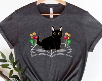 Camisa linda del gato del libro, camisa del libro del gato, camiseta divertida del amante del libro, camisa del amante del gato, camisa del libro del lector, camisa del arte del libro floral, camisa del nerd del libro
