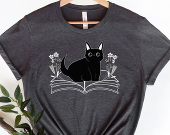 Camisa linda del gato del libro, camisa del libro del gato, camiseta divertida del amante del libro, camisa del amante del gato, camisa del libro del lector, camisa del arte del libro floral, camisa del nerd del libro