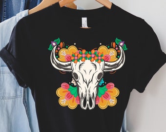Boho Cow Skull Graphic Tee: Western Floral Bull Skull T-Shirt
