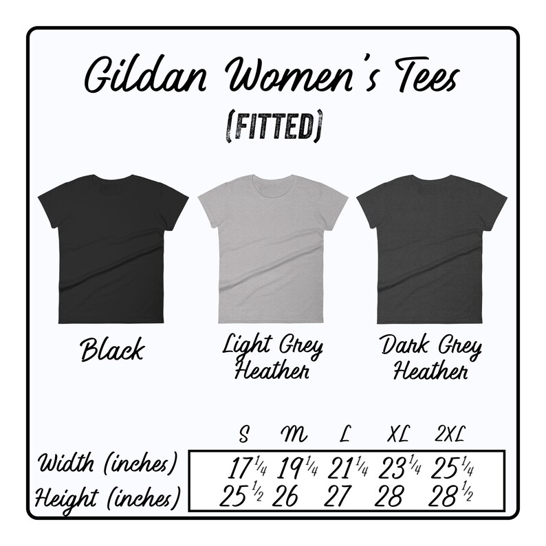 Peut inclure: Un tableau des tailles pour t-shirts ajust&eacute;s pour femmes en noir, gris clair chin&eacute; et gris fonc&eacute; chin&eacute;. Le tableau indique les mesures de largeur et de hauteur en pouces pour les tailles S, M, L, XL et 2XL.