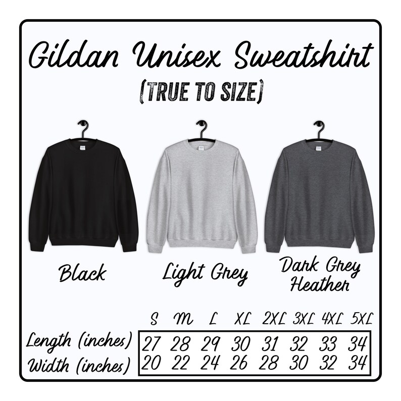 Peut inclure: Tableau des tailles pour un sweat-shirt unisexe Gildan en noir, gris clair et gris fonc&eacute; chin&eacute;. Le tableau indique la longueur et la largeur en pouces pour les tailles S &agrave; 5XL.