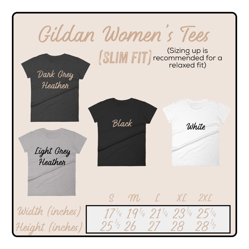 K&ouml;nnte beinhalten: Eine Gr&ouml;&szlig;entabelle f&uuml;r Damen-T-Shirts in Slim Fit. Die Tabelle zeigt die Breite und H&ouml;he in Zoll f&uuml;r die Gr&ouml;&szlig;en S, M, L, XL und 2XL. Die T-Shirts sind in Dunkelgrau meliert, Hellgrau meliert, Schwarz und Wei&szlig; erh&auml;ltlich.