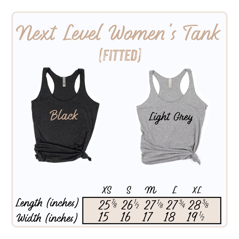 K&ouml;nnte beinhalten: Next Level Damen-Tanktop in Schwarz und Hellgrau mit Gr&ouml;&szlig;entabelle, die L&auml;nge und Breite in Zoll angibt. Das Tanktop ist figurbetont.