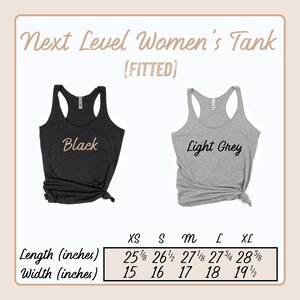 May include: A size chart for a fitted tank top in black and light grey. The chart shows the length and width in inches for sizes XS, S, M, L, and XL.