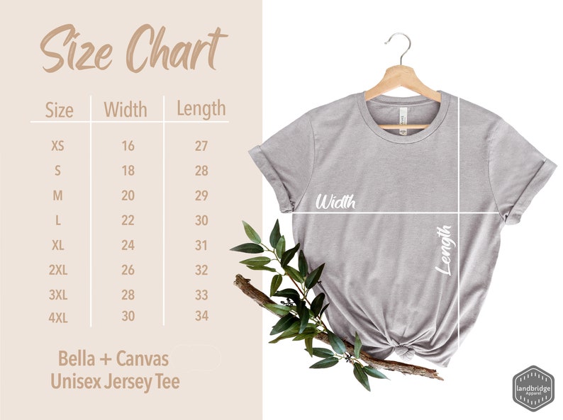 May include: Size chart for a unisex jersey tee, showing measurements in inches for width and length for sizes XS to 4XL. The chart is next to a gray t-shirt on a hanger.