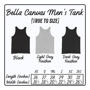 May include: Size chart for a men's tank top in black, light grey heather, and dark grey heather. The chart shows the length and width in inches for sizes XS through 2XL.