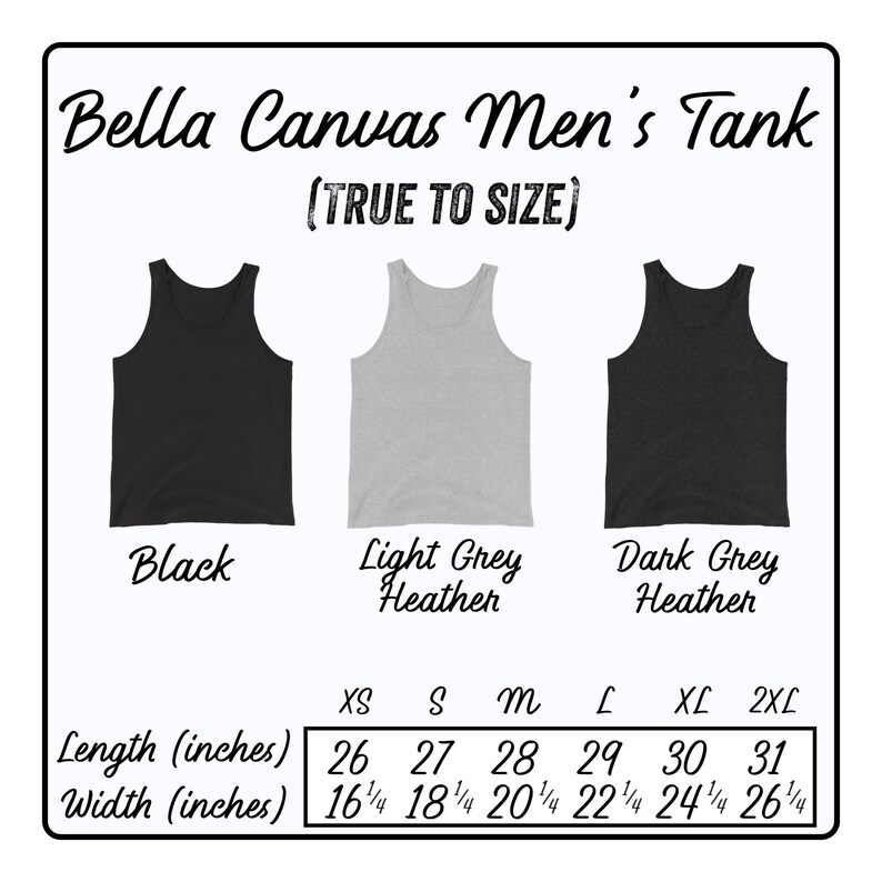 May include: Size chart for a men's tank top in black, light grey heather, and dark grey heather. The chart shows the length and width in inches for sizes XS through 2XL.