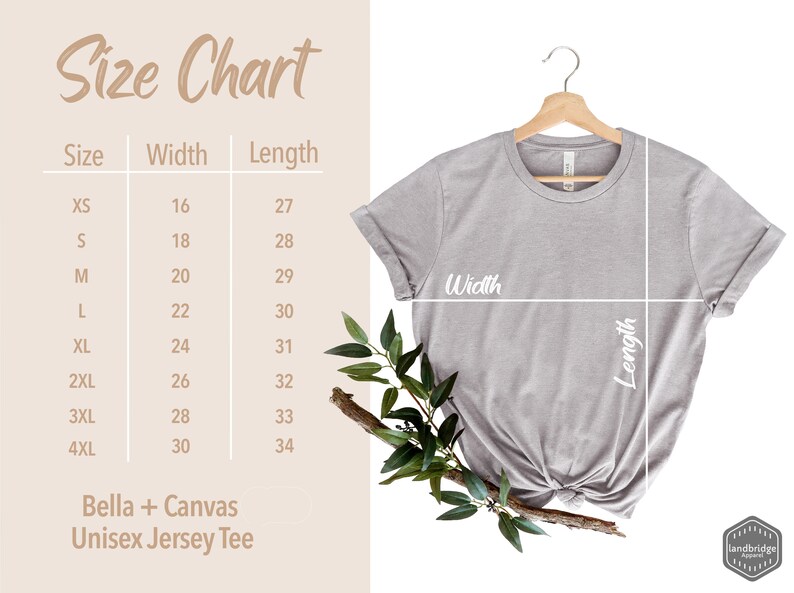 May include: Size chart for a unisex jersey tee, showing measurements in inches for width and length for sizes XS to 4XL. The chart is next to a gray t-shirt on a hanger.