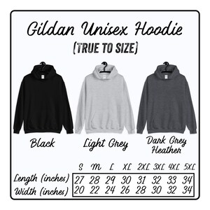 May include: A size chart for a Gildan unisex hoodie in black, light grey, and dark grey heather. The chart shows the length and width in inches for sizes S through 5XL.