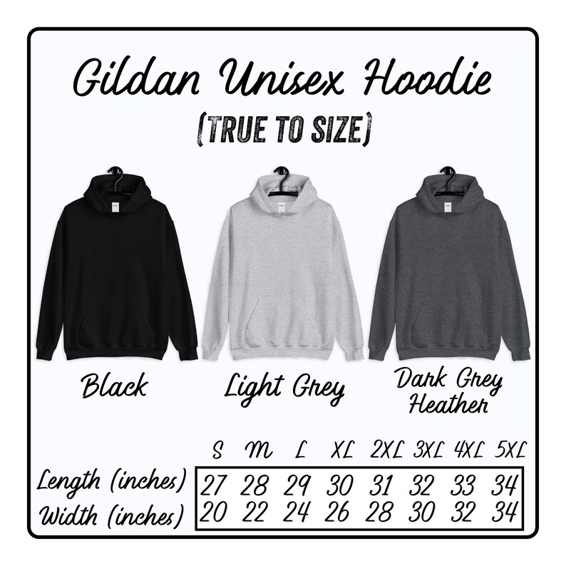 May include: A size chart for a Gildan unisex hoodie in black, light grey, and dark grey heather. The chart shows the length and width in inches for sizes S through 5XL.
