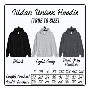 Peut inclure: Un tableau des tailles pour un sweat &agrave; capuche unisexe Gildan en noir, gris clair et gris fonc&eacute; chin&eacute;. Le tableau indique la longueur et la largeur en pouces pour les tailles S &agrave; 5XL.
