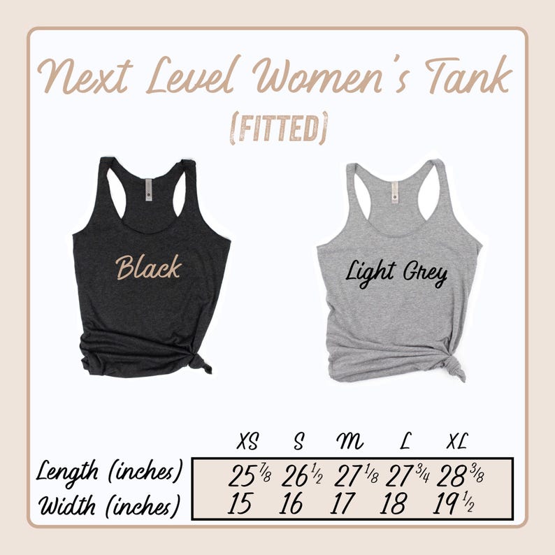May include: A size chart for a fitted tank top in black and light grey. The chart shows the length and width in inches for sizes XS, S, M, L, and XL.