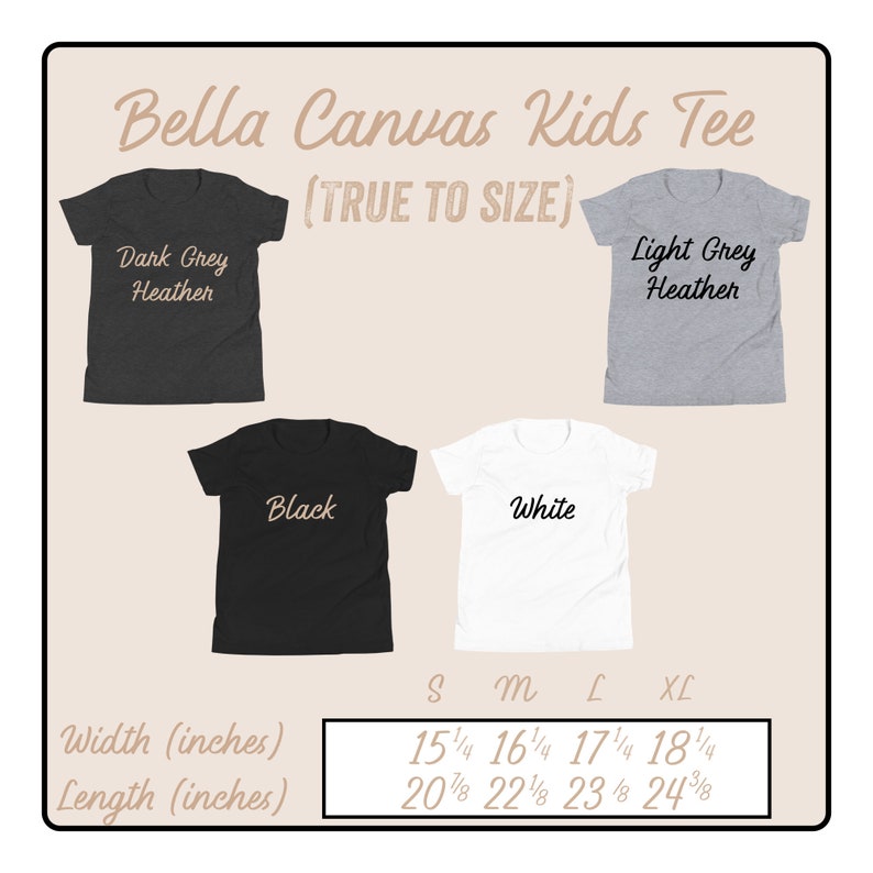 K&ouml;nnte beinhalten: Eine Gr&ouml;&szlig;entabelle f&uuml;r Bella Canvas Kids Tee-Shirts in den Gr&ouml;&szlig;en S, M, L und XL. Die Tabelle zeigt die Breite und L&auml;nge in Zoll f&uuml;r jede Gr&ouml;&szlig;e. Die Shirts sind in f&uuml;nf Farben erh&auml;ltlich: Dunkelgrau meliert, Hellgrau meliert, Schwarz, Wei&szlig; und Rot.
