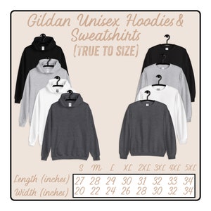 K&ouml;nnte beinhalten: Eine Gr&ouml;&szlig;entabelle f&uuml;r Gildan Unisex-Hoodies und -Sweatshirts. Die Tabelle zeigt die L&auml;nge und Breite in Zoll f&uuml;r die Gr&ouml;&szlig;en S bis 5XL.