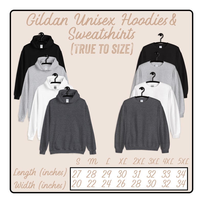 K&ouml;nnte beinhalten: Eine Gr&ouml;&szlig;entabelle f&uuml;r Gildan Unisex-Hoodies und -Sweatshirts. Die Tabelle zeigt die L&auml;nge und Breite in Zoll f&uuml;r die Gr&ouml;&szlig;en S bis 5XL.