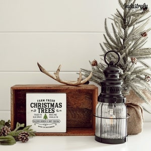 May include: A wooden sign with the text "Farm Fresh Christmas Trees" and a list of tree types, including Fraser Fir, Blue Spruce, White Pine, and Douglas Fir. The sign also says "Sleigh Rides & Hot Cocoa" and "Open in December". The sign is sitting on a wooden shelf with a black lantern and a small artificial Christmas tree.