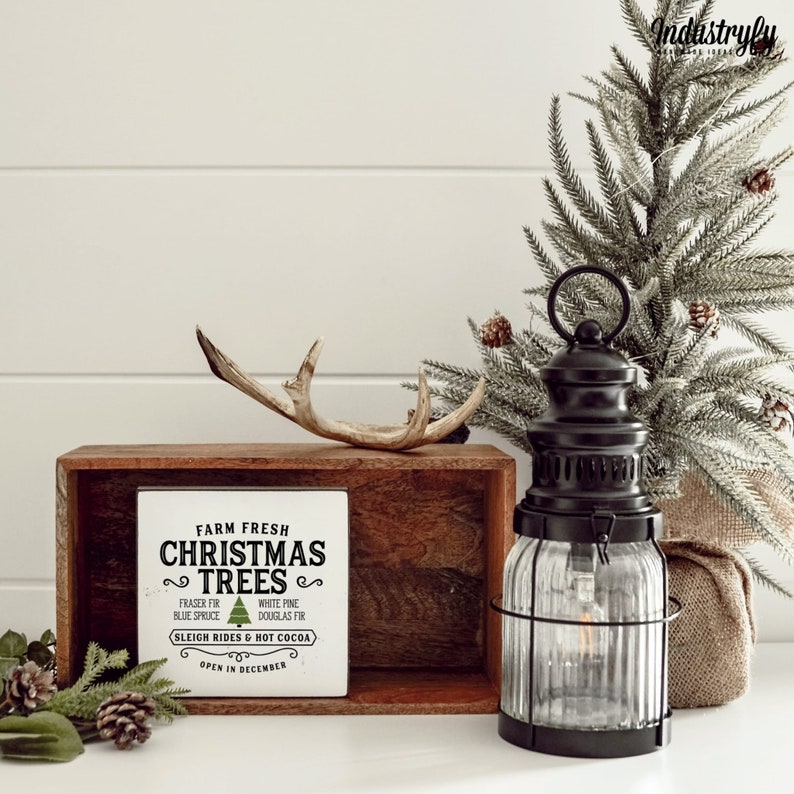 May include: A wooden sign with the text "Farm Fresh Christmas Trees" and a list of tree types, including Fraser Fir, Blue Spruce, White Pine, and Douglas Fir. The sign also says "Sleigh Rides & Hot Cocoa" and "Open in December". The sign is sitting on a wooden shelf with a black lantern and a small artificial Christmas tree.