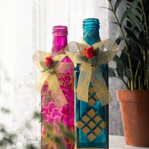Stained Glass Magenta & Blue Decorative Bottles  H26 x W5 x D5cm