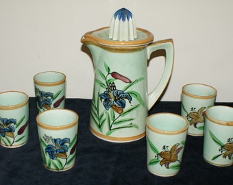 Hand Painted Pottery Juicer Reamer Pitcher & Glasses