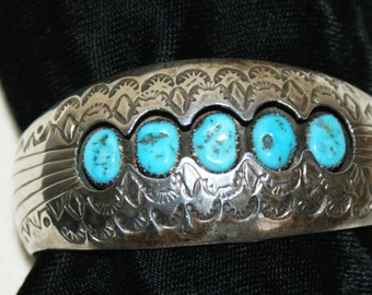 Vintage Navajo Sterling Silver Turquoise Cuff Bracelet marked P Benally