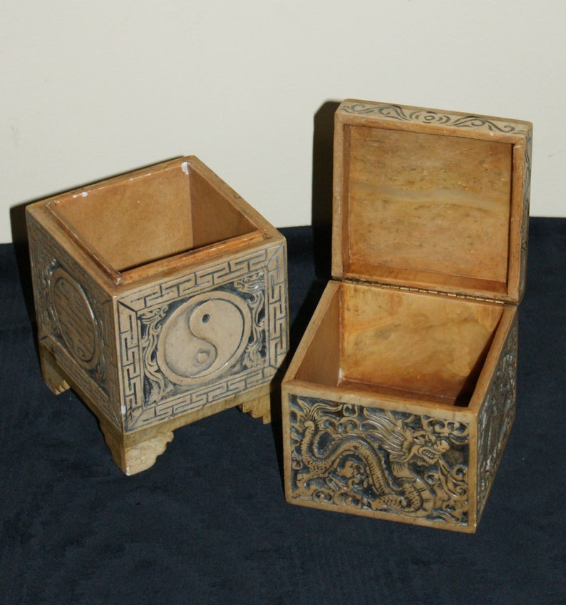 Beautiful Vintage Carved Asian Soapstone Tiered Trinket Box Etsy
