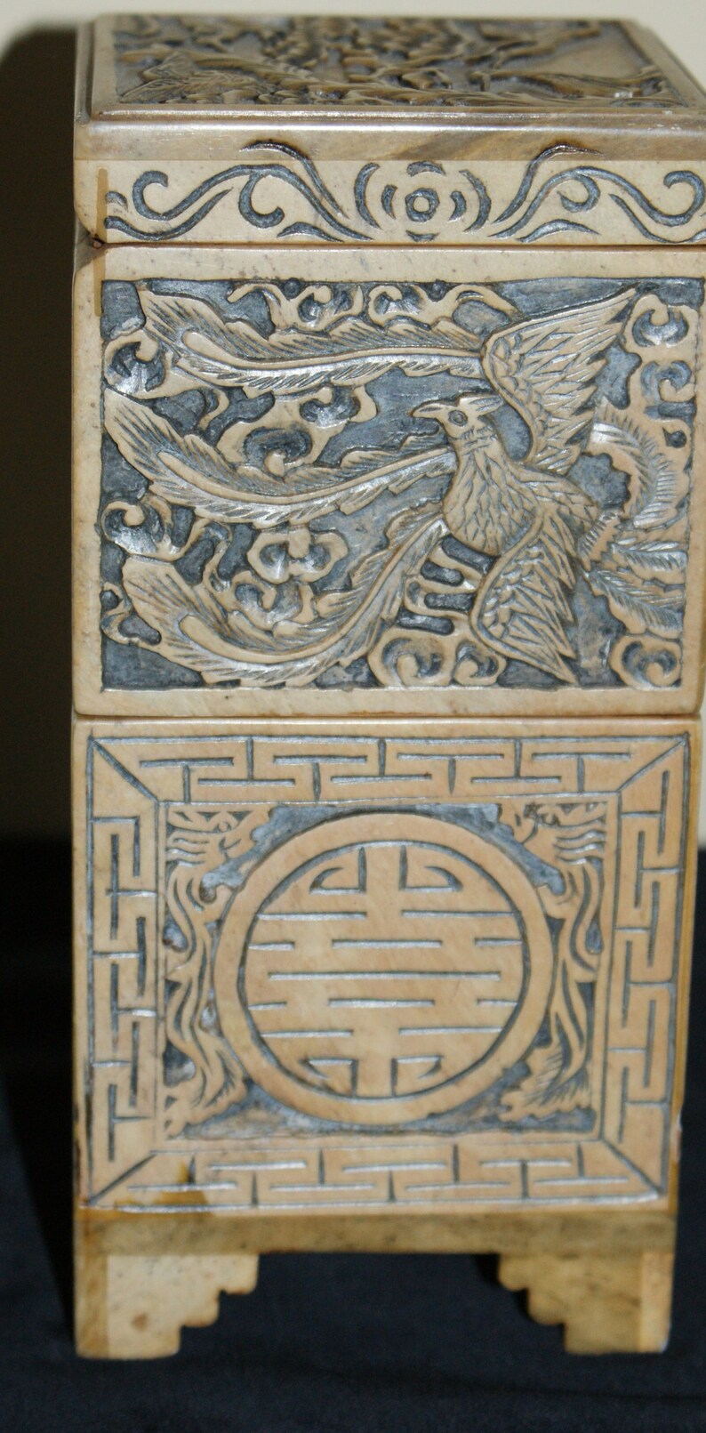 Beautiful Vintage Carved Asian Soapstone Tiered Trinket Box Etsy