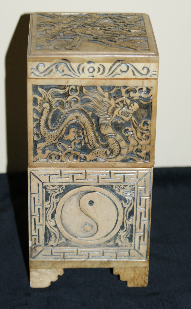 Beautiful Vintage Carved Asian Soapstone Tiered Trinket Box Etsy