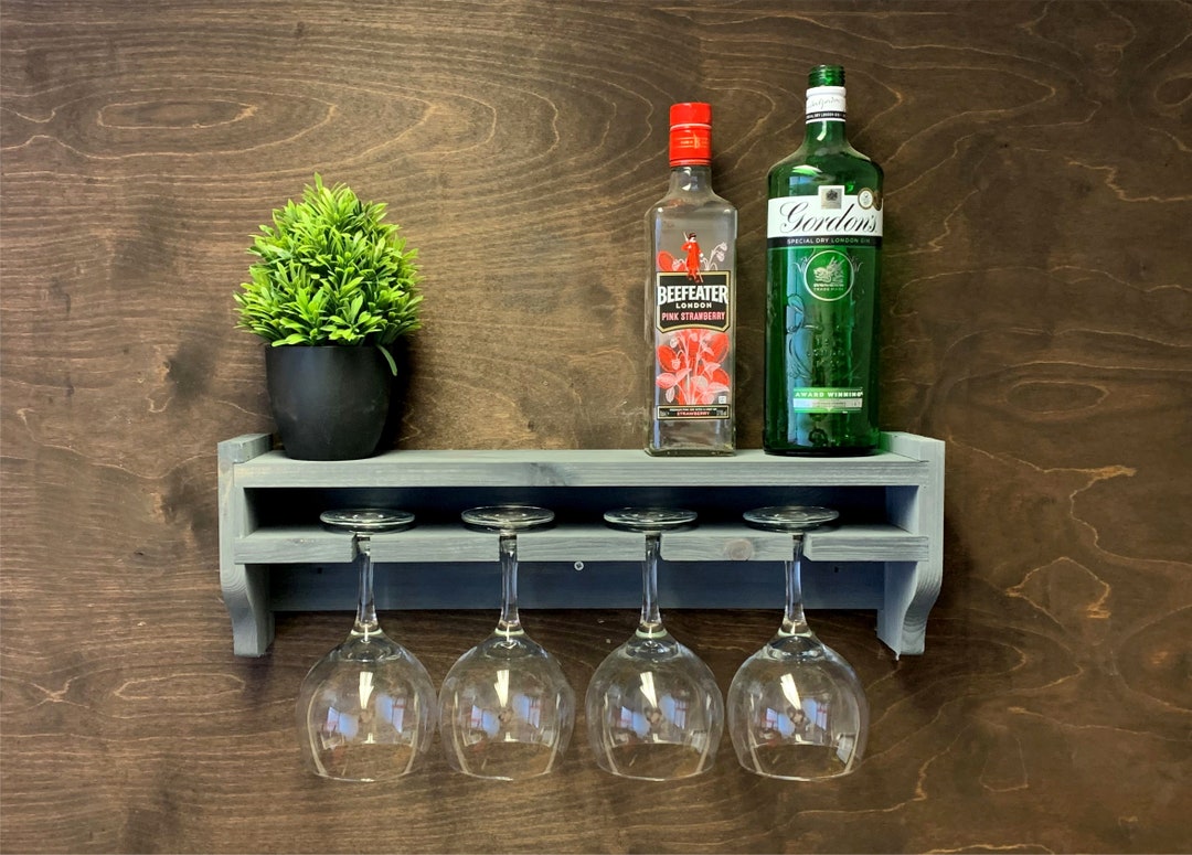 Grey Rustic Wooden Gin Shelf to Hold 4 Glasses/bottles Wall Mounted