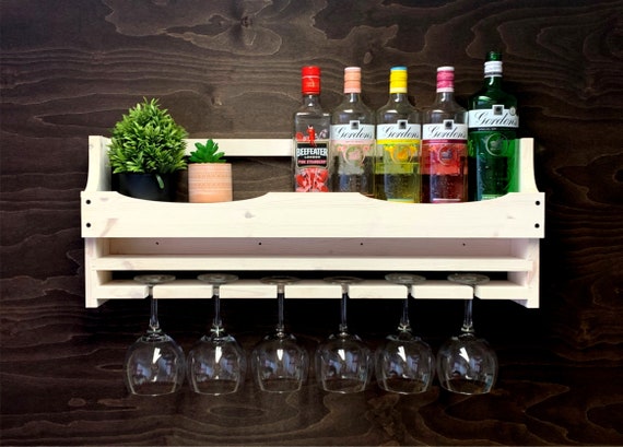 Large Shabby Chic Rustic wooden Gin Rack to hold 6 Balloon glasses 8 9 bottles Wall Mounted Display Home Bar She 6GSC EM