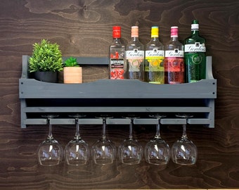 Large Grey Rustic wooden Gin Rack to hold 6 Balloon glasses & 8-9 bottles - Wall Mounted Display Home Bar She (6GGR) (EM)