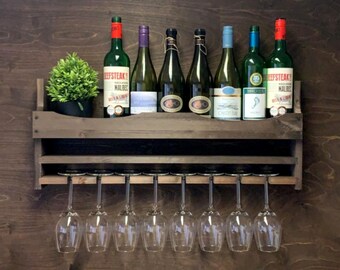 Personalised Wooden Wine Bottle Holder and 8 Glass Wall Mounted Display Home Bar Man Cave (8DO) (EM)