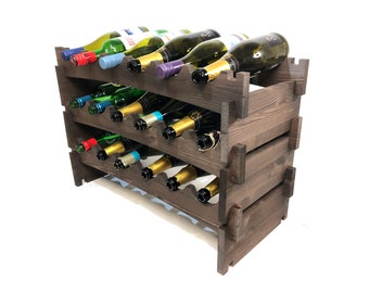 Large Freestanding Rustic Wooden Wine Rack to hold 18 bottles - Home Bar Display Shelves Storage Organised Tidy Garden Bar Cellar (SWR-DO)EM