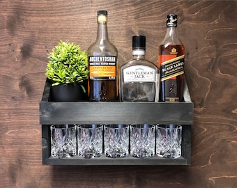 Personalised Wooden Rum Whisky Bottle Shelf and Tumbler Holder - Black Display Home Bar Whiskey Man Cave (W-BL) (EM)