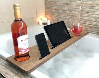 Add a personalised engraved message!!! - Wooden Bath Caddy Bath Tray Bath Bar Bath Bar Phone Tablet Wine Glass Holder Great Gift (BBWO) (EM)