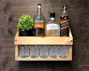 Personalised Wooden Whisky Rum Bottle Shelf and Tumbler Holder - Wall Mounted Display Home Garden Bar Man Cave Whiskey Gift (W-WO)EM