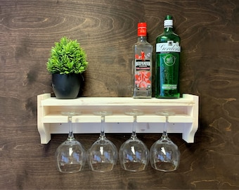 Shabby Chic Rustic wooden Gin Shelf to hold 4 glasses/bottles - Wall Mounted Display Home Bar Man Cave She (GS-SC) (EM)